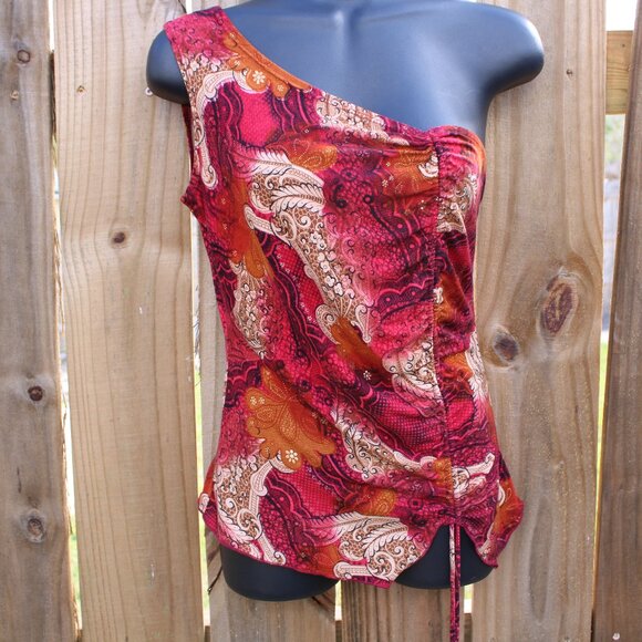 Mode V Tops - Mode V One Shoulder Paisley Top Red Orange Ruched Side Y2K Size M